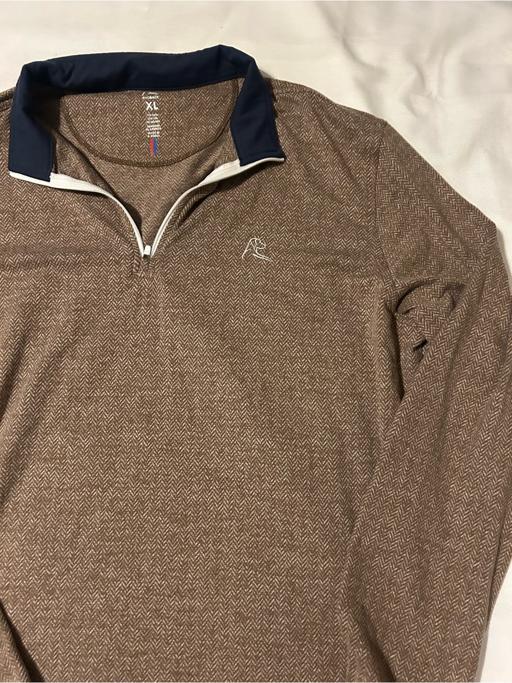 Men’s Rhoback Brown Herringbone Quarter-Zip Pullover with Navy Collar - Picture 4 of 5
